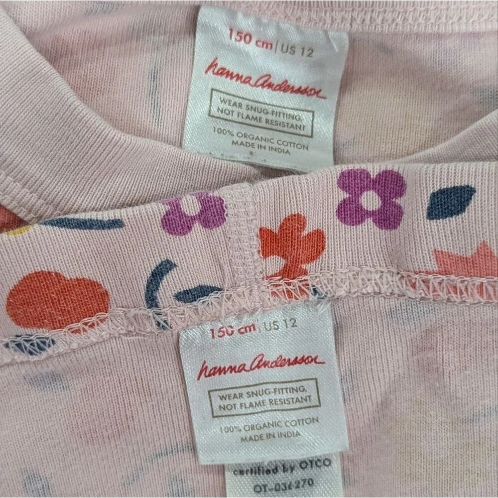 Hanna Andersson Pink Flowers Cotton Long John Pajamas PJ's Girls Kids 150 12